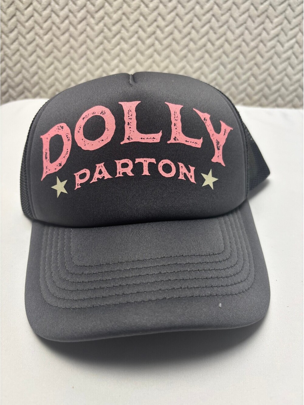 Dolly Parton Black Mesh Trucker Hat with Pink Logo